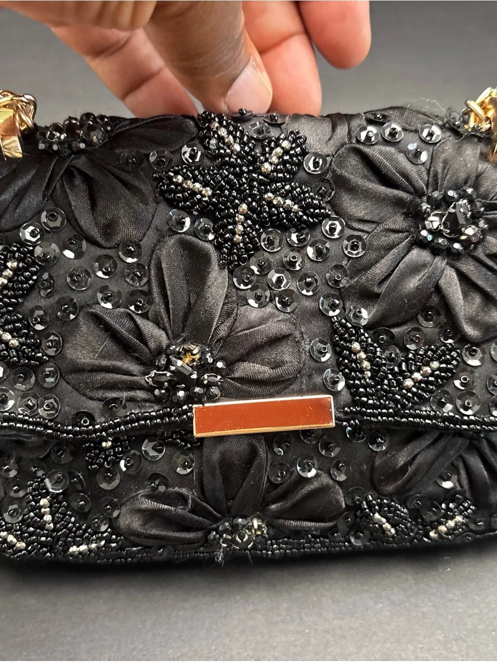 Zara Black Beaded Floral Evening Clutch